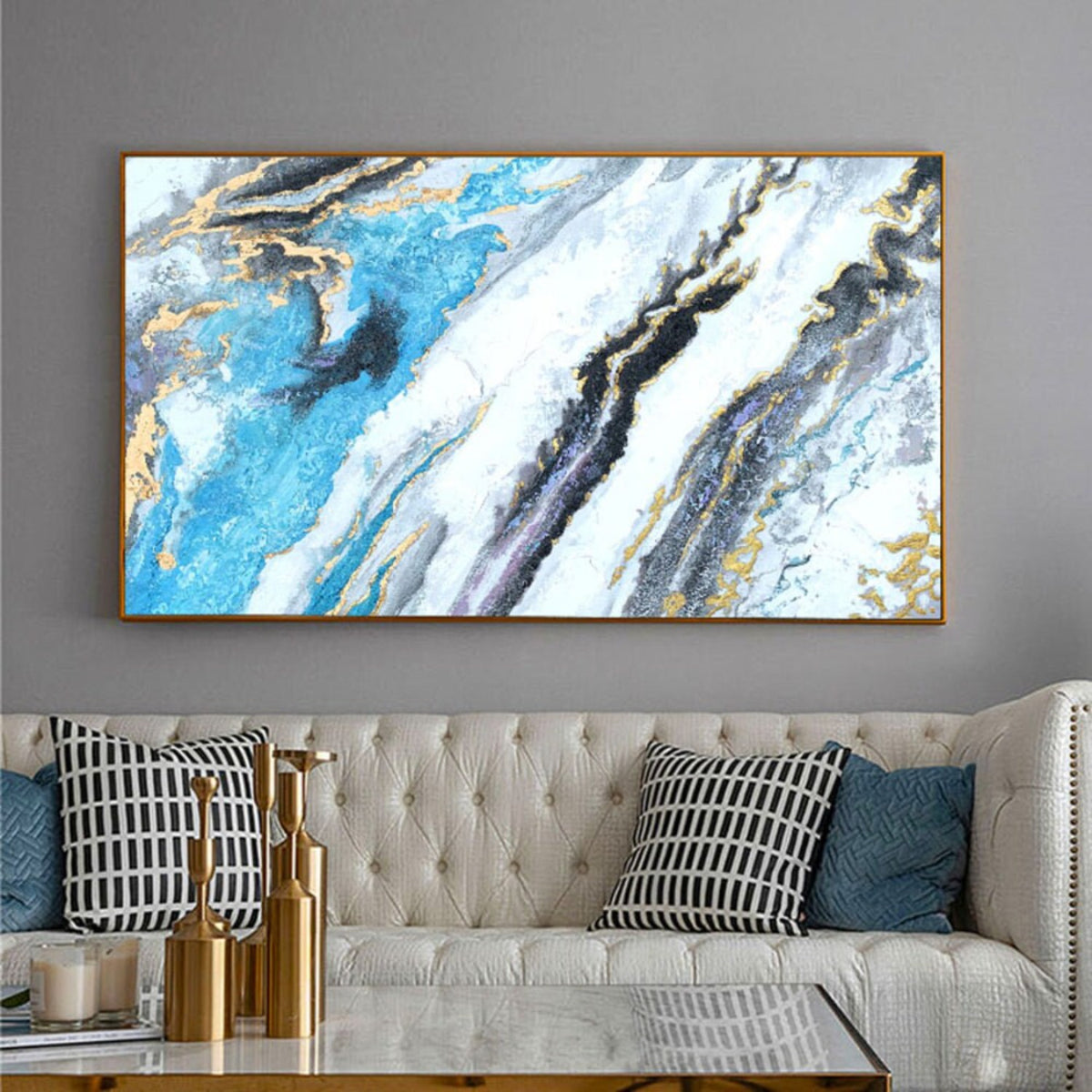Room mockup. Broad diagonal turquoise, white and black flowing bands with fine gold-coloured edges and layered stone-like texture.