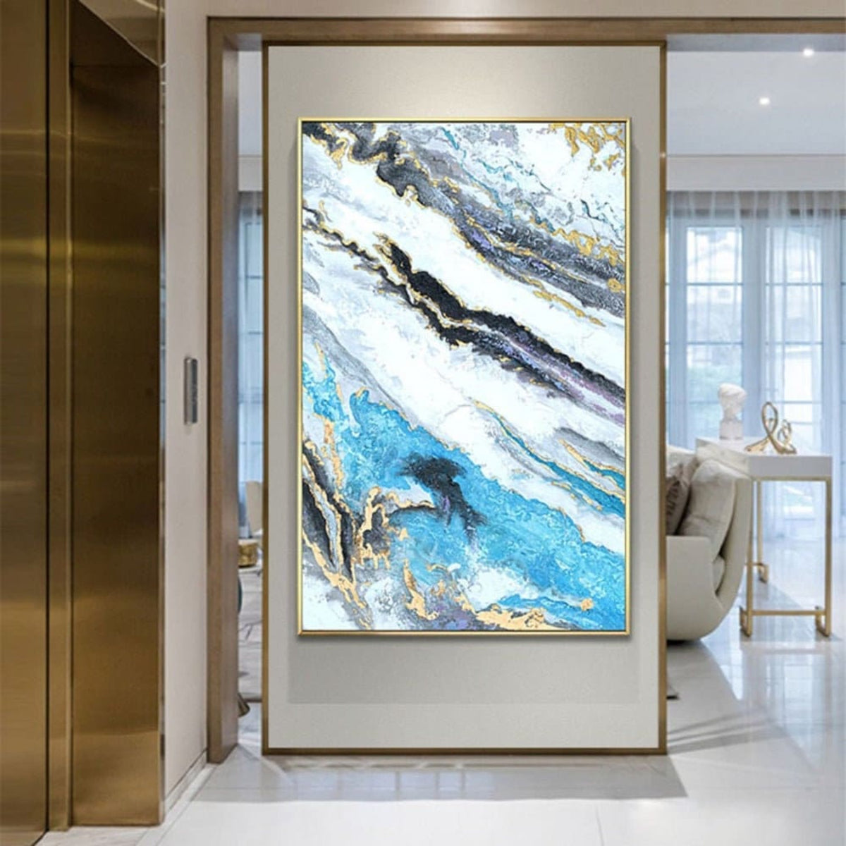 Room mockup. Broad diagonal turquoise, white and black flowing bands with fine gold-coloured edges and layered stone-like texture.
