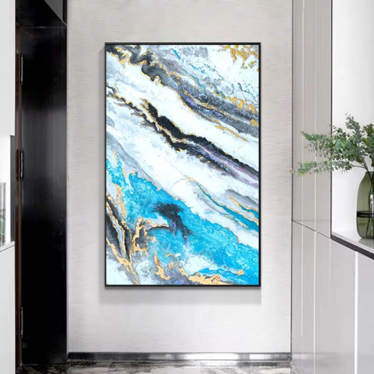 Room mockup. Broad diagonal turquoise, white and black flowing bands with fine gold-coloured edges and layered stone-like texture.