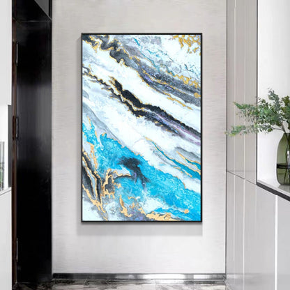 Room mockup. Broad diagonal turquoise, white and black flowing bands with fine gold-coloured edges and layered stone-like texture.