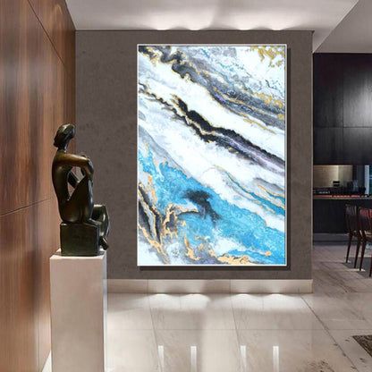 Room mockup. Broad diagonal turquoise, white and black flowing bands with fine gold-coloured edges and layered stone-like texture.