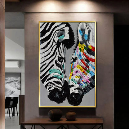 Room mockup. Two zebra heads side by side, one striped black and white and the other with bright red, blue and yellow marks.