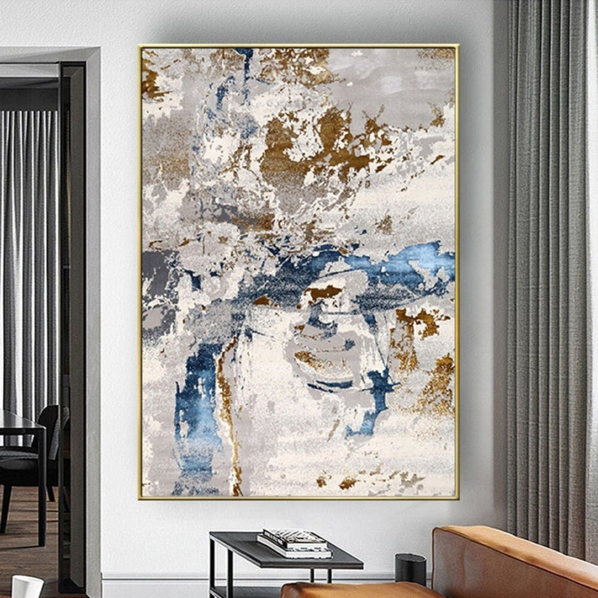 Room mockup. Rough white and grey strokes overlap blue horizontal marks and scattered ochre and brown textured patches.