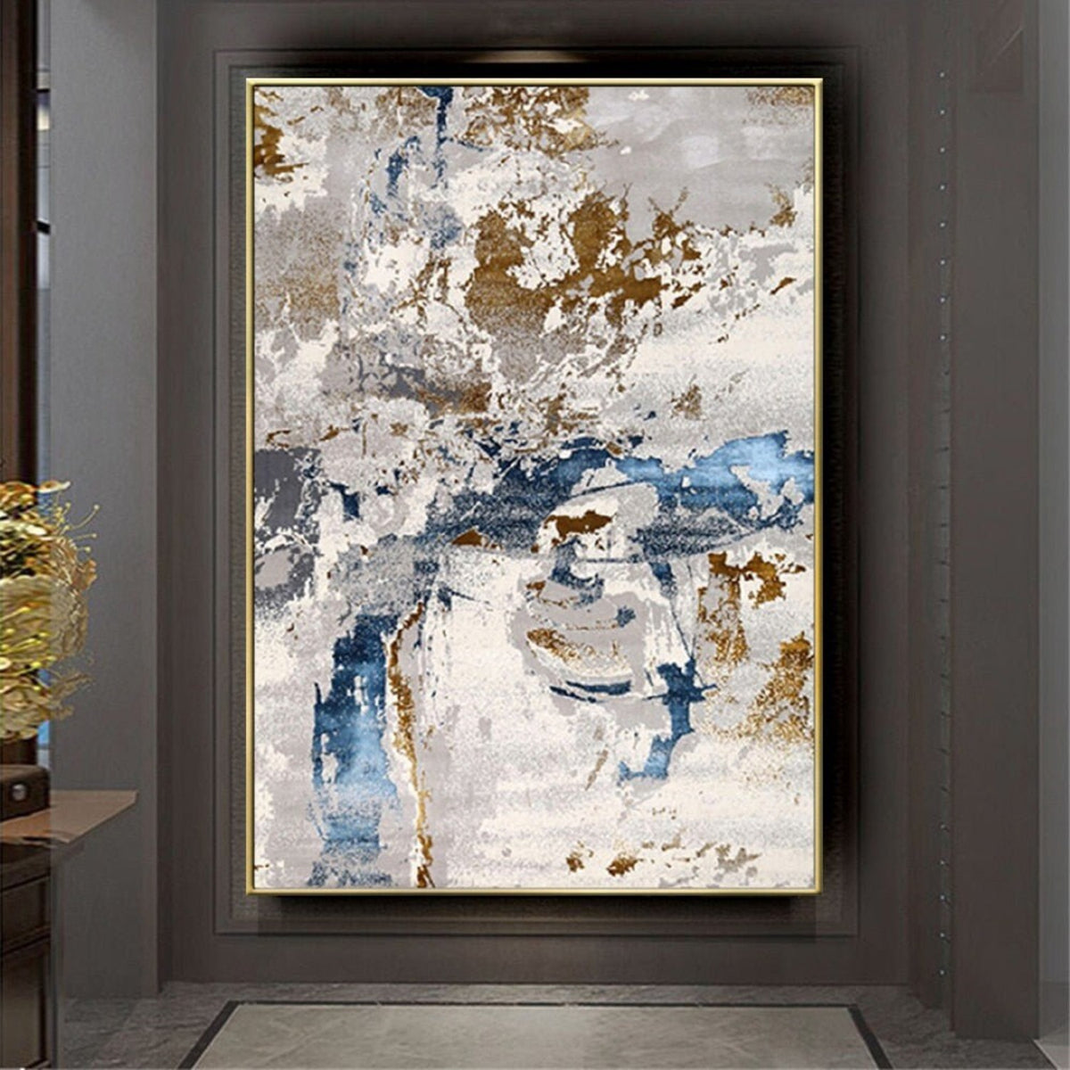 Room mockup. Rough white and grey strokes overlap blue horizontal marks and scattered ochre and brown textured patches.