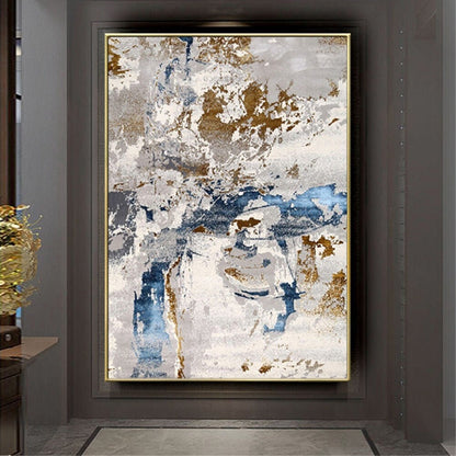 Room mockup. Rough white and grey strokes overlap blue horizontal marks and scattered ochre and brown textured patches.