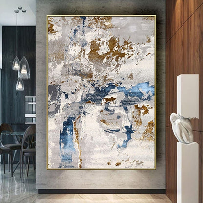 Room mockup. Rough white and grey strokes overlap blue horizontal marks and scattered ochre and brown textured patches.