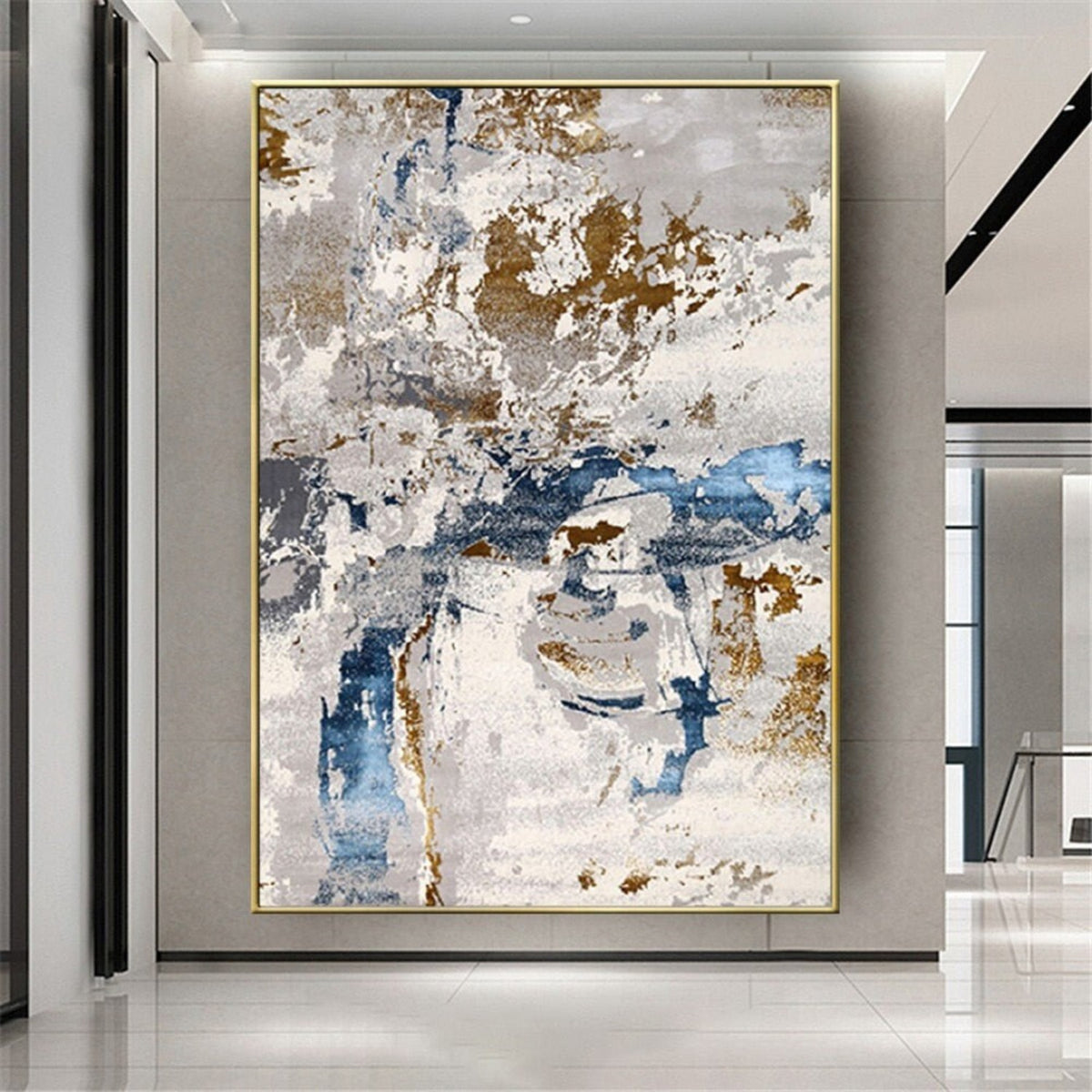 Room mockup. Rough white and grey strokes overlap blue horizontal marks and scattered ochre and brown textured patches.
