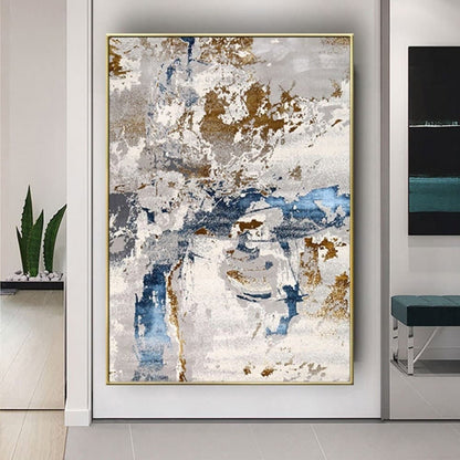 Room mockup. Rough white and grey strokes overlap blue horizontal marks and scattered ochre and brown textured patches.