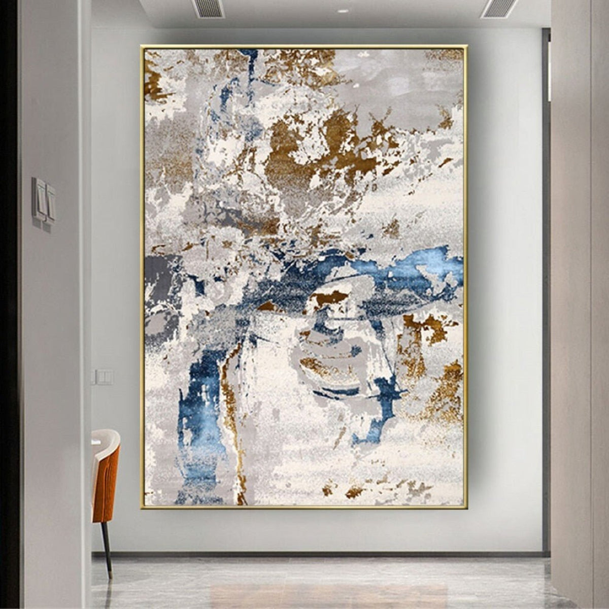Room mockup. Rough white and grey strokes overlap blue horizontal marks and scattered ochre and brown textured patches.