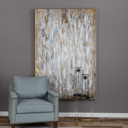 Room mockup. Dense white, pale blue, grey and ochre vertical textured streaks across a muted brown field.