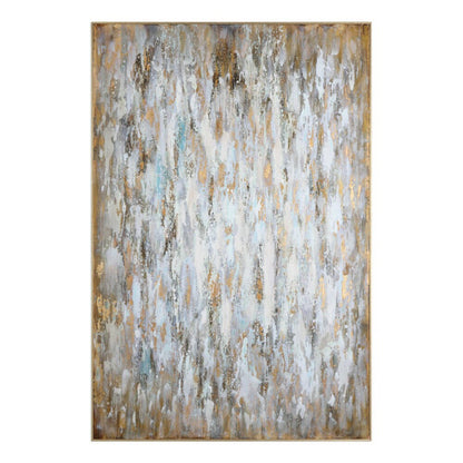 Dense white, pale blue, grey and ochre vertical textured streaks across a muted brown field.