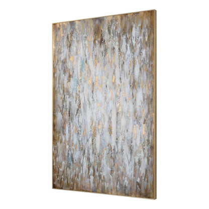 Room mockup. Dense white, pale blue, grey and ochre vertical textured streaks across a muted brown field.