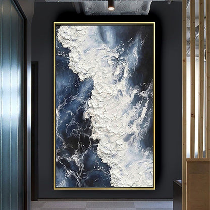 Room mockup. Dense raised white foam-like strokes curl diagonally across deep navy and blue-grey fields.