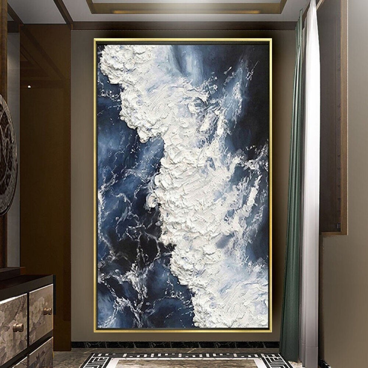 Room mockup. Dense raised white foam-like strokes curl diagonally across deep navy and blue-grey fields.