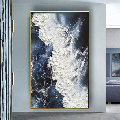 Room mockup. Dense raised white foam-like strokes curl diagonally across deep navy and blue-grey fields.