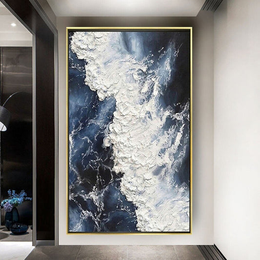 Room mockup. Dense raised white foam-like strokes curl diagonally across deep navy and blue-grey fields.