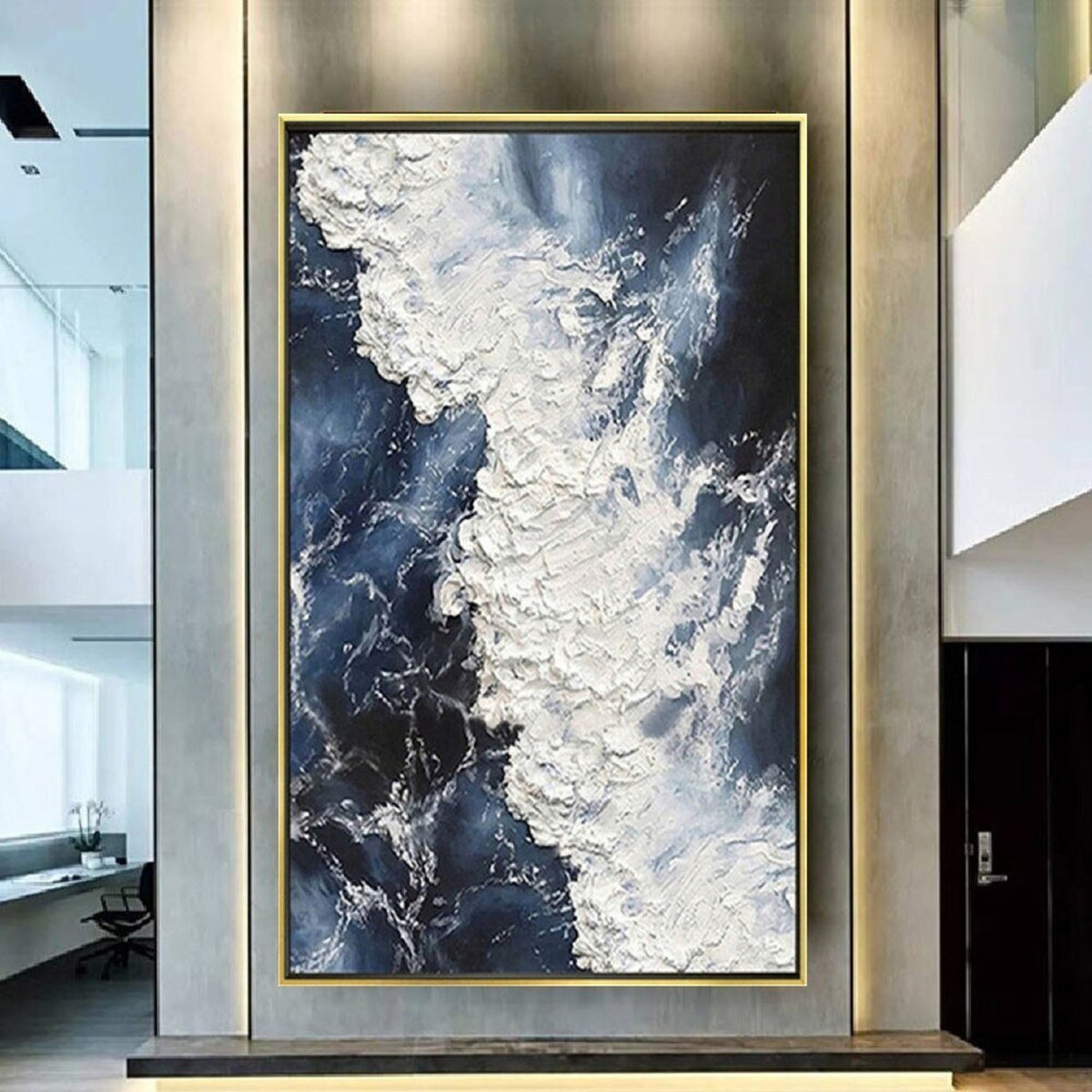 Room mockup. Dense raised white foam-like strokes curl diagonally across deep navy and blue-grey fields.
