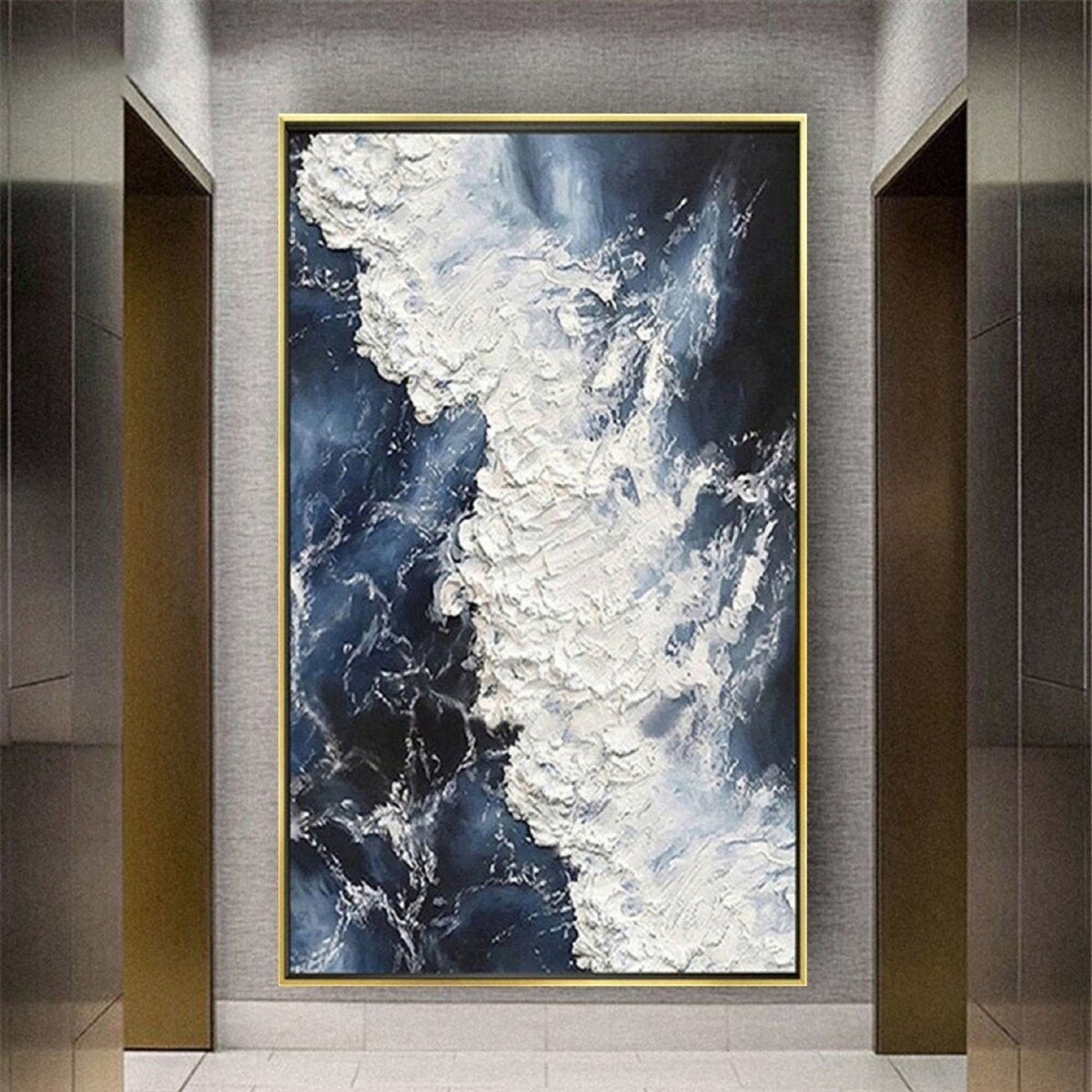 Room mockup. Dense raised white foam-like strokes curl diagonally across deep navy and blue-grey fields.
