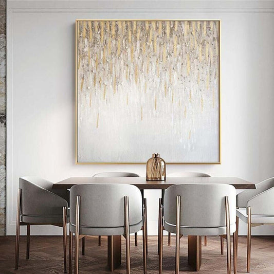 Room mockup. Fine gold-coloured and cream raised streaks hang from a dense upper edge into a pale white textured field.