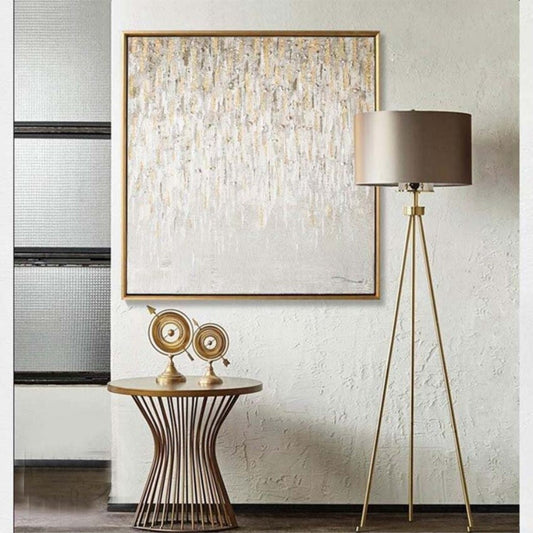 Room mockup. Fine gold-coloured and cream raised streaks hang from a dense upper edge into a pale white textured field.