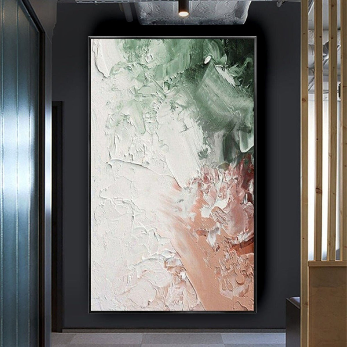 Room mockup. Thick white petal-like textured marks spread between soft green upper patches and a pale peach lower area.