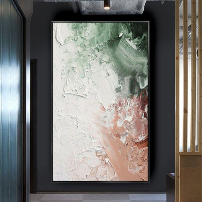 Room mockup. Thick white petal-like textured marks spread between soft green upper patches and a pale peach lower area.