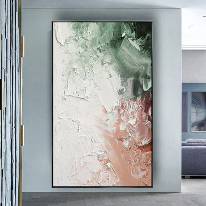 Room mockup. Thick white petal-like textured marks spread between soft green upper patches and a pale peach lower area.