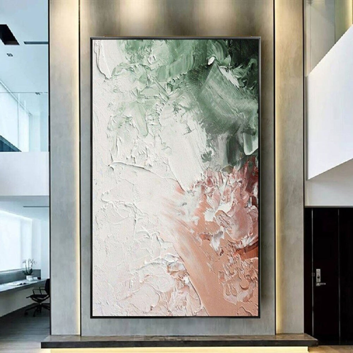 Room mockup. Thick white petal-like textured marks spread between soft green upper patches and a pale peach lower area.