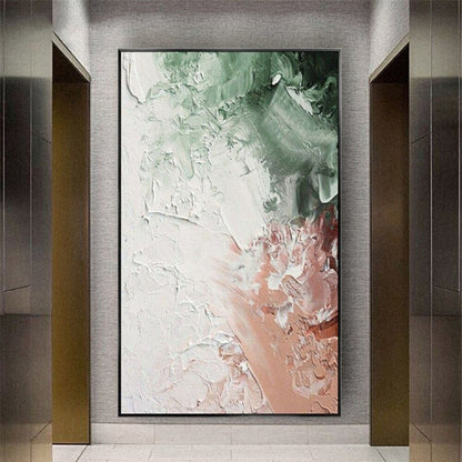Room mockup. Thick white petal-like textured marks spread between soft green upper patches and a pale peach lower area.
