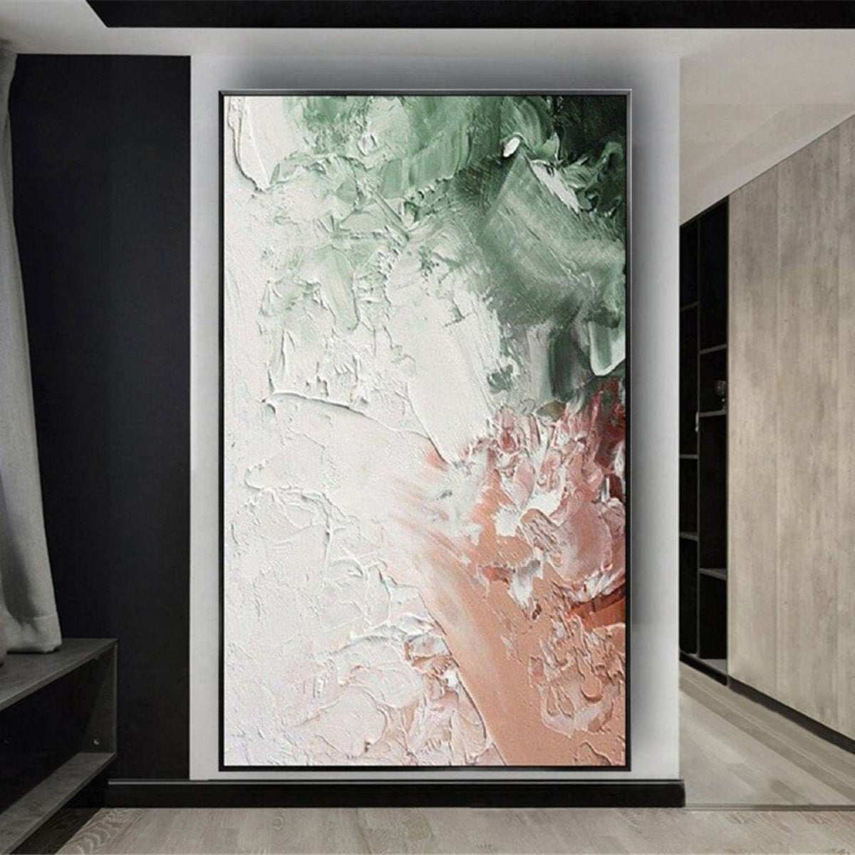 Room mockup. Thick white petal-like textured marks spread between soft green upper patches and a pale peach lower area.