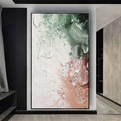 Room mockup. Thick white petal-like textured marks spread between soft green upper patches and a pale peach lower area.