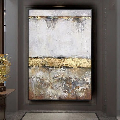 Room mockup. A broad gold-coloured ridge separates a pale white upper field from mottled grey and brown texture below.