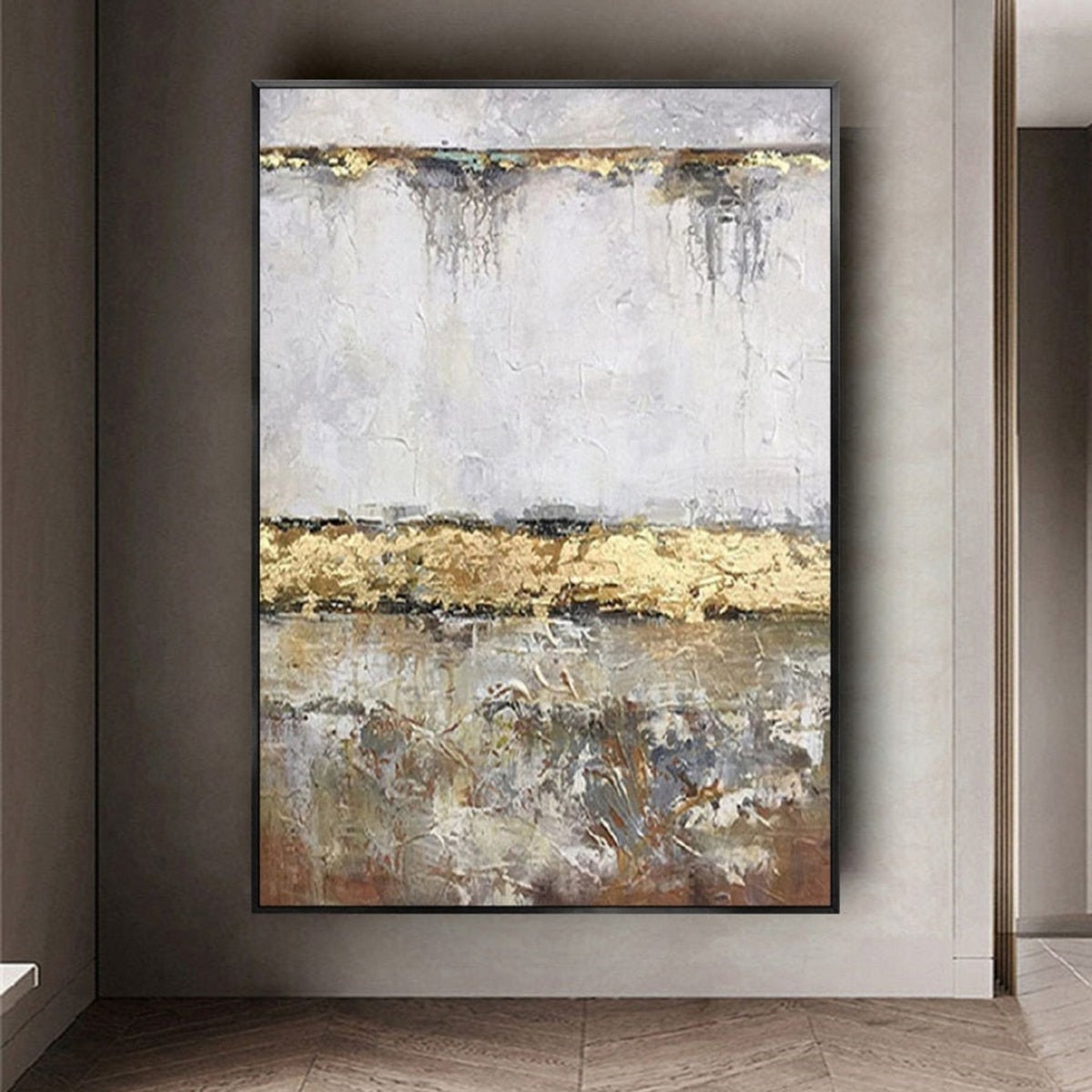 Room mockup. A broad gold-coloured ridge separates a pale white upper field from mottled grey and brown texture below.