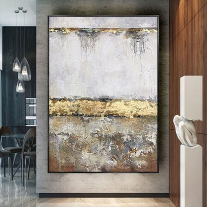 Room mockup. A broad gold-coloured ridge separates a pale white upper field from mottled grey and brown texture below.