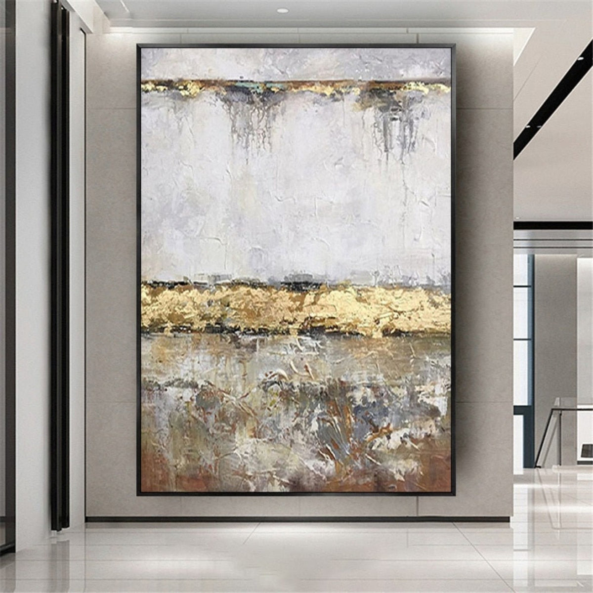 Room mockup. A broad gold-coloured ridge separates a pale white upper field from mottled grey and brown texture below.