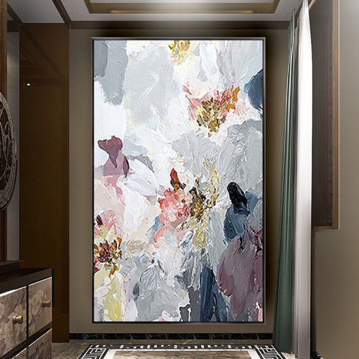 Room mockup. Large white textured flower-like forms overlap grey, muted pink and navy patches with small ochre centres.