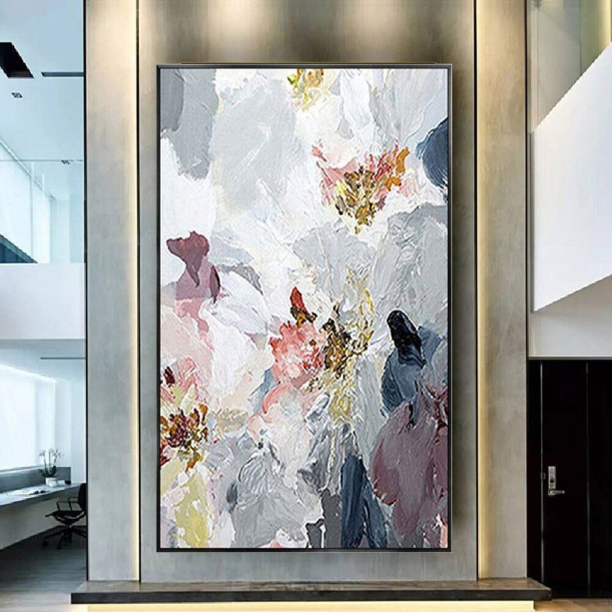 Room mockup. Large white textured flower-like forms overlap grey, muted pink and navy patches with small ochre centres.