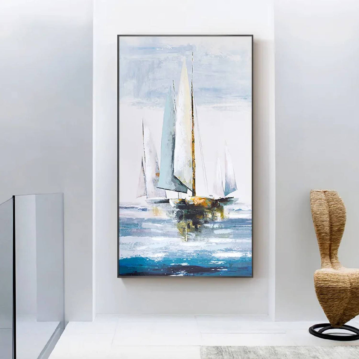 Room mockup. Tall pale white and grey sails with fine ochre accents above small hulls and blue water against a light grey sky.