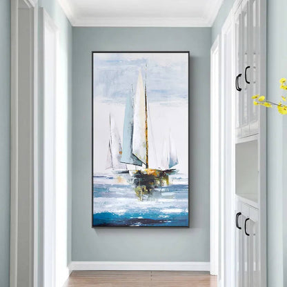 Room mockup. Tall pale white and grey sails with fine ochre accents above small hulls and blue water against a light grey sky.