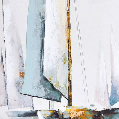 Close-up. Tall pale white and grey sails with fine ochre accents above small hulls and blue water against a light grey sky.