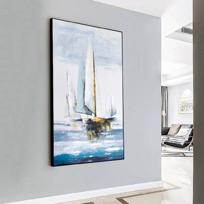 Room mockup. Tall pale white and grey sails with fine ochre accents above small hulls and blue water against a light grey sky.