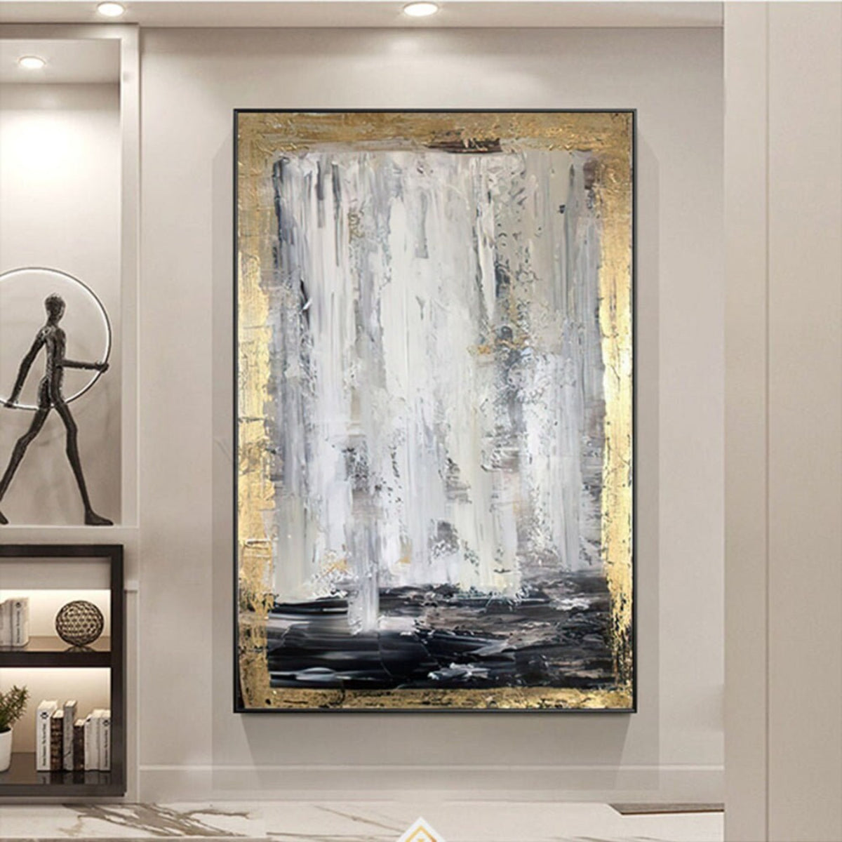 Room mockup. Long white and grey vertical strokes fall toward a black lower band, bordered by rough gold-coloured texture.