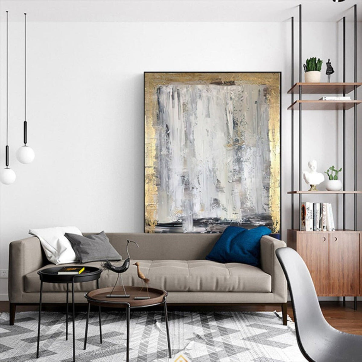 Room mockup. Long white and grey vertical strokes fall toward a black lower band, bordered by rough gold-coloured texture.