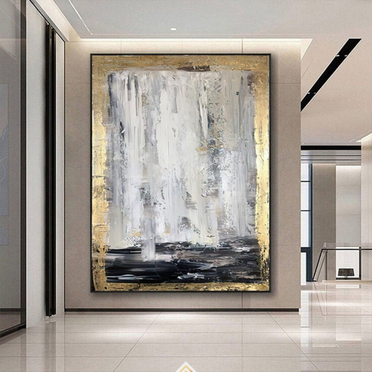 Room mockup. Long white and grey vertical strokes fall toward a black lower band, bordered by rough gold-coloured texture.