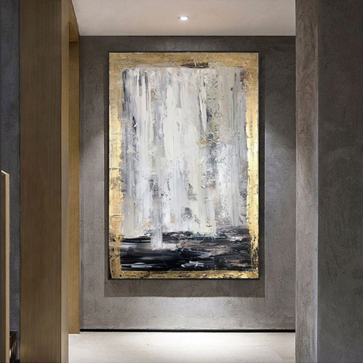 Room mockup. Long white and grey vertical strokes fall toward a black lower band, bordered by rough gold-coloured texture.