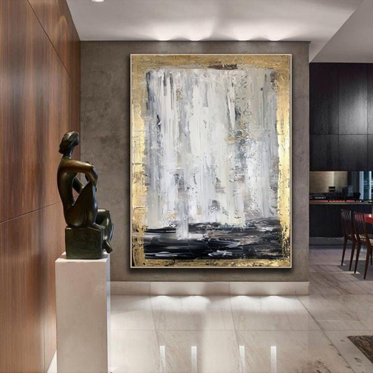 Room mockup. Long white and grey vertical strokes fall toward a black lower band, bordered by rough gold-coloured texture.
