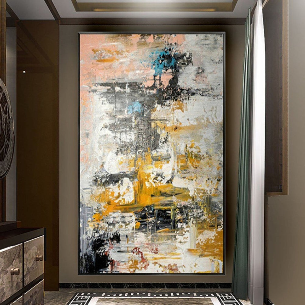 Room mockup. Layered white and grey scraped strokes with yellow, ochre, black and small teal patches.