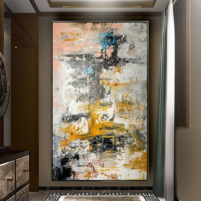 Room mockup. Layered white and grey scraped strokes with yellow, ochre, black and small teal patches.