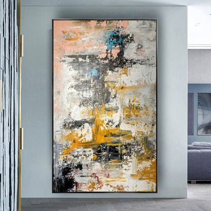 Room mockup. Layered white and grey scraped strokes with yellow, ochre, black and small teal patches.