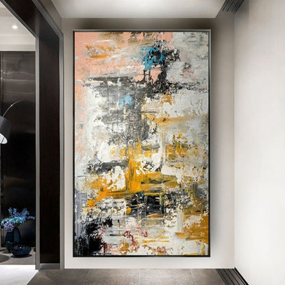 Room mockup. Layered white and grey scraped strokes with yellow, ochre, black and small teal patches.
